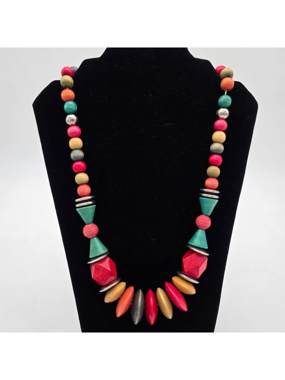 Handmade Colorful Wooden Beaded Necklace Geometric Shapes 24"